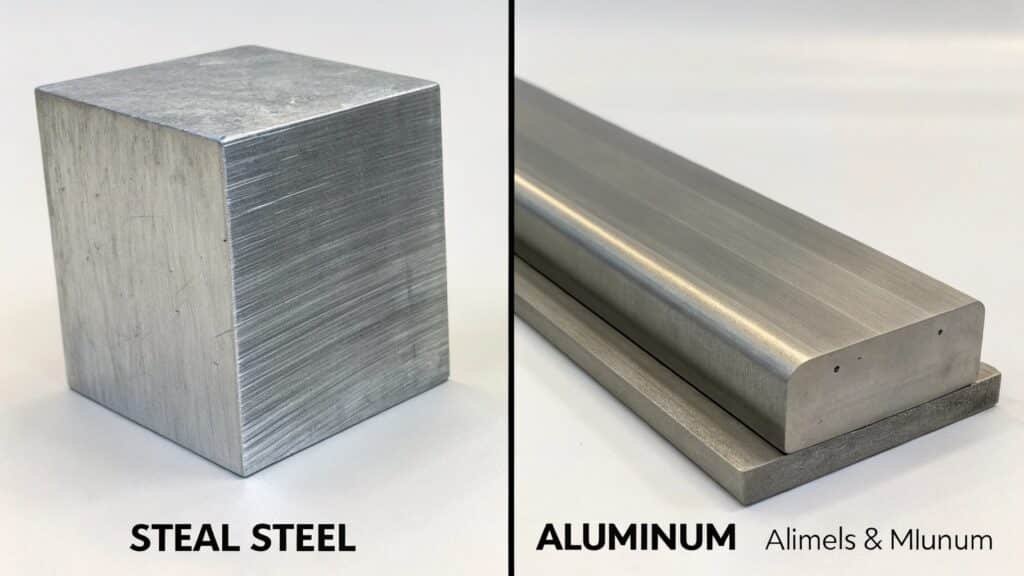 alt text: A block representing steel shown as significantly heavier than an equal-sized block of aluminum